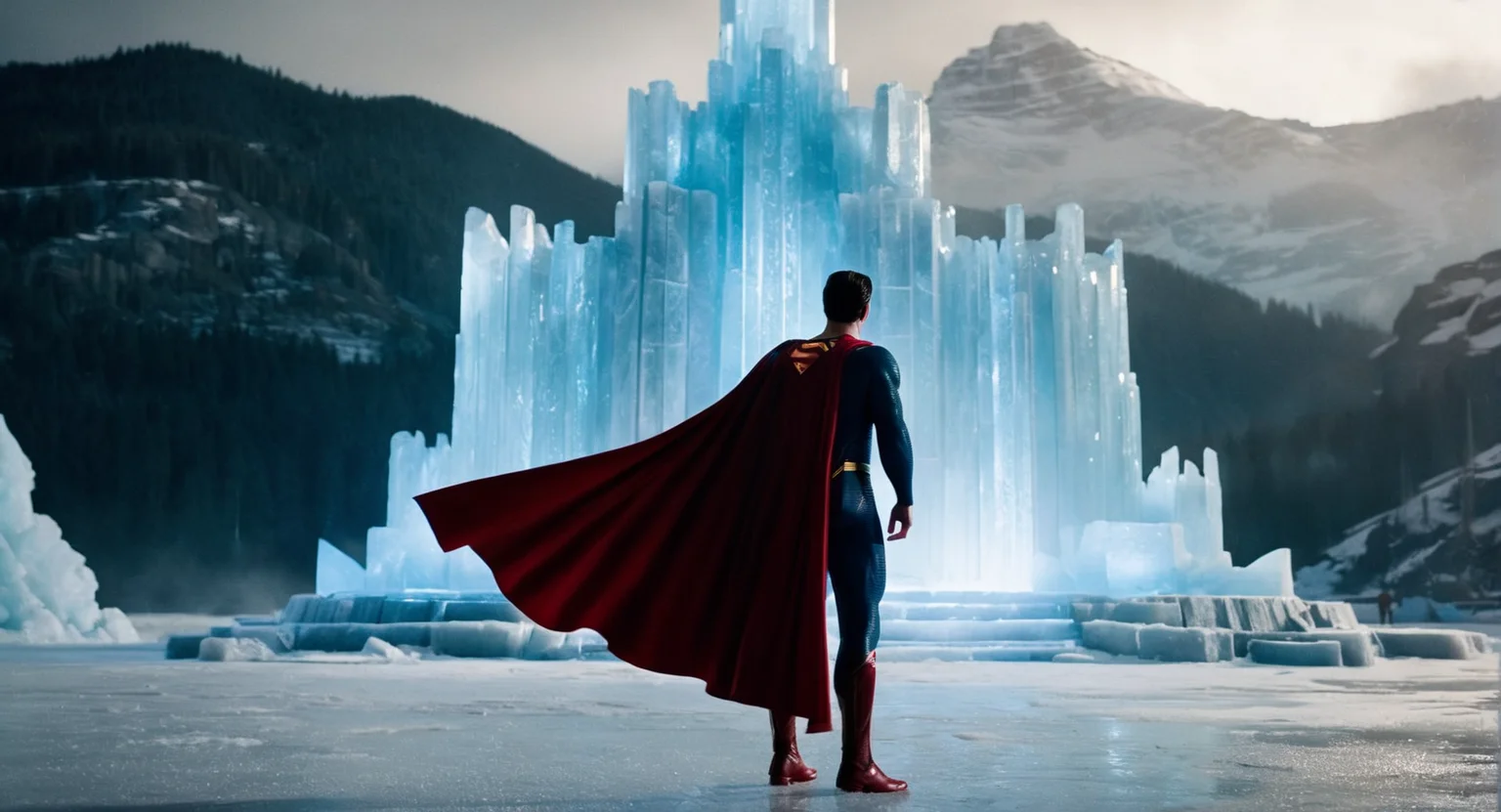cinematic film still of <lora:Fortress of Solitude:1>
Fortress of Solitude superman in front of a mountain with big giant Fortress of Solitude in the background with a big ice door, shallow depth of field, vignette, highly detailed, high budget, bokeh, cinemascope, moody, epic, gorgeous, film grain, grainy