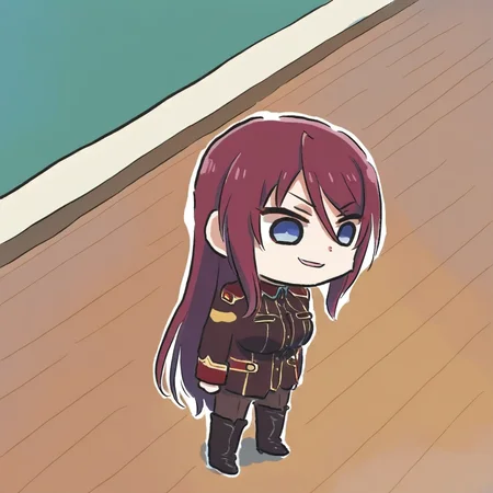 newest stylish, extreme aesthetic, 1girl, solo, BeatriceKushan, standing, on floor, indoors, wooden floor, full body, chibi, bk's uniform, bk's pants, bk's thigh boots, evil smile, looking down, xinzoruo, <lora:Bea&KilaKushan-ilxi01:0.5>, <lora:XinzoruoStyle2_AnimagineXLv3:0.7>