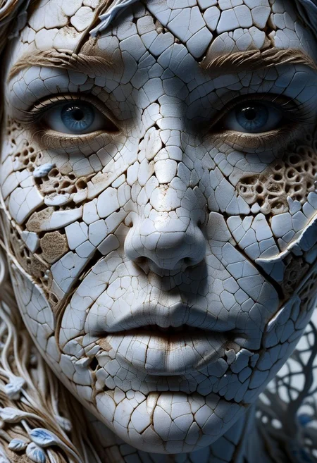 Close-up porcelain face, mysterious silhouette of a porcelain woman in worn down porcelain clothing, white and blue porcelain, alluring goddess, by Minjae Lee, Carne Griffiths, Emily Kell, Steve McCurry, Geoffroy Thoorens, Aaron Horkey, Jordan Grimmer, Greg Rutkowski, amazing depth, double exposure, surreal, geometric patterns, intricately detailed, bokeh, perfect balanced, deep fine borders, artistic photorealism , smooth, great masterwork by Suiras <lora:add-detail-xl:2> <lora:Double_Exposure:0.5>