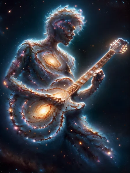 punkrocker playing guitar <lora:Spiral_Galaxies_SDXL:1> mad-spiral-galaxy, (masterpiece:1.2), best quality, (hyperdetailed, highest detailed:1.2), high resolution textures