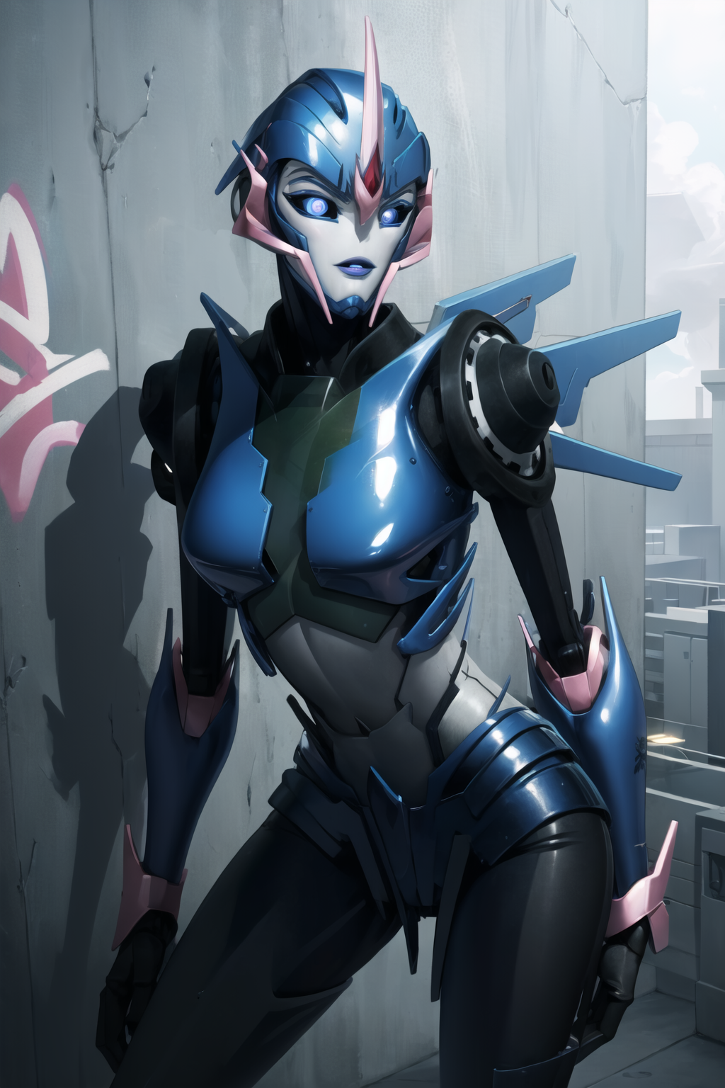 (masterpiece, best quality:1.2),   <lora:arcee_(transformers_prime):1>, arcee (transformers prime), 1girl, mecha, solo, robot, breasts, blue eyes, autobot, no humans, blue lips, science fiction, glowing, leaning against wall, graffiti, urban,