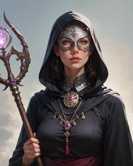 score_9, score_8_up, score_7_up, zPDXL, medium shot of wizard woman, wearing wearing an intricate silver metal mask, deatheater mask, detailed archmage black robes, hooded, cloaked, holding a dark magic staff, surrounded by facelss mysterious figures, upper bodyillustration, line art, highly detailed, perfect quality, high quality, realism, realistic,,<lora:Expressive_H-000001:0.8>,,<lora:Concept Art Twilight Style SDXL_LoRA_Pony Diffusion V6 XL:0.8>,,<lora:sinfully_stylish_SDXL>,