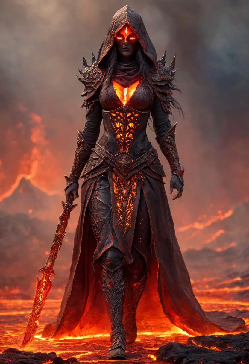 A stunning, highly detailed dark fantasy full body illustration of a mystic woman. She walks in lava, Fire goddess, dark  toga, canvas hood, war mask, cracked skin, basalt, surrealist