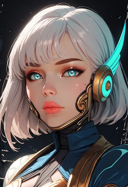 ((zPDXL3)), score_9, score_8_up, score_8, Science Fiction, Star Wars, perfecteyes, ultra detailed, high resolution, high quality, masterpiece, intricate details, intricate body, intricate landscape, knva, Expressiveh, European Instagram Model, upper body shot, low light, dungeon, ruins, green glow, black background,
BREAK
1girl, solo, source_cartoon, mature female, allstarsdva, d.va (overwatch), white hair, blue eyes, beautiful, full lips, looking at viewer, closed mouth,