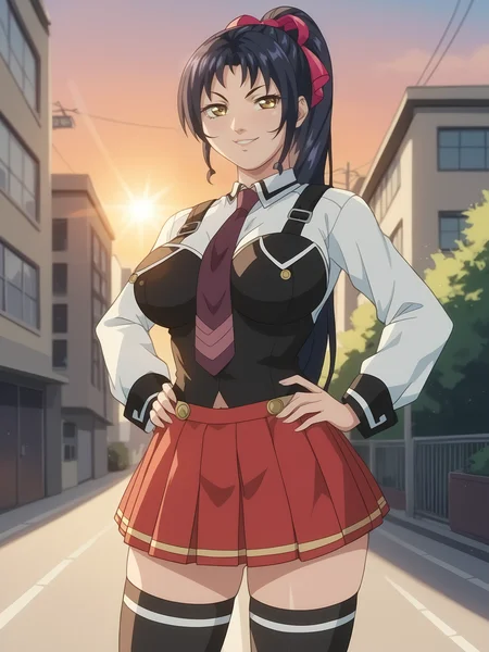 score_9, score_8_up, score_7_up, score_6_up, uncensored, depth of field, sidelighting, lens flare, shiny, shadow, bloom, BREAK
Kozono Nami, 1girl, solo, standing, hands on hips, cowboy shot,
looking at viewer, smirk, parted lips, 
yellow eyes, long hair, black hair, high ponytail, hair ribbon,
school uniform, vest, suspenders, red necktie, black thighhighs, pleated skirt, 
curvy, large breasts, 
outside, street, city, sky, sunrise,
 <lora:Kozono Nami3216PDXL:1>