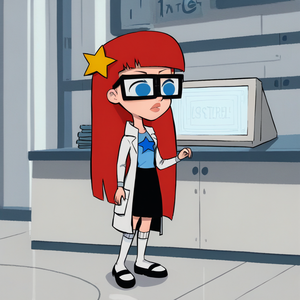 source_cartoon, solo, 1girl, Susan, Red hair, long hair, blunt bangs , blue eyes,  glasses, black skirt , blue t-shirt,  star hair ornament, lab coat , long sleeves, Mary janes, white socks,  <lora:SusanTest_LeafXL_3-10:1>, laboratory,