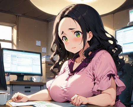 score_9, score_8_up, score_7_up, score_6_up, source_anime, ah1, 1girl, (curly hair), long hair, (black hair), mature female, (parted hair:1.7), (round face), (no_bangs), (no_fringe:1.6), looking at viewer, (thick eyebrows:1.3), (curvy), round-chin, (greenish hazel eyes), caucasian, (downturned eyes), (forehead:1.4), <lora:ETO_OCPonyXL:0.5> eto_oc, skindentation, plump, thick thighs, wide hips, busty, voluptuous, kinky curls, lips, bad-hands-5, (a romantic kiss on a hot air balloon ride over a scenic countryside), (coffee bean Tunic dress with bootcut trousers), (in work Office, Professional space with sleek desks, ergonomic chairs, filing cabinets, computer monitors, adjustable task lighting), ((Wretched, A pitiable and miserable face, often reflecting suffering expression)), <lora:venus body PonyXL:0.8>, <lora:xl_more_art-full_v1:0.4>, <lora:shinyskin2:0.3> glistening skin, <lora:aesthetic_anime_v1s:0.4>, <lora:Expressive_H:0.4> Expressiveh, <lora:hairdetailpxl:0.4> hairdetailpxl, <lora:EpicF4nta5yXL:0.4>, <lora:detailxl:0.4> detailxl, <lora:Fant5yP0ny:0.4>, best quality, amazing quality, best aesthetic, absurdres, <lora:expressive eyes:0.4> expressive eyes, (Eye-level angle (from the side) view Extreme Close shot (focus on feet)), <lora:eyedetailpxl:0.4> eyedetailpxl,
