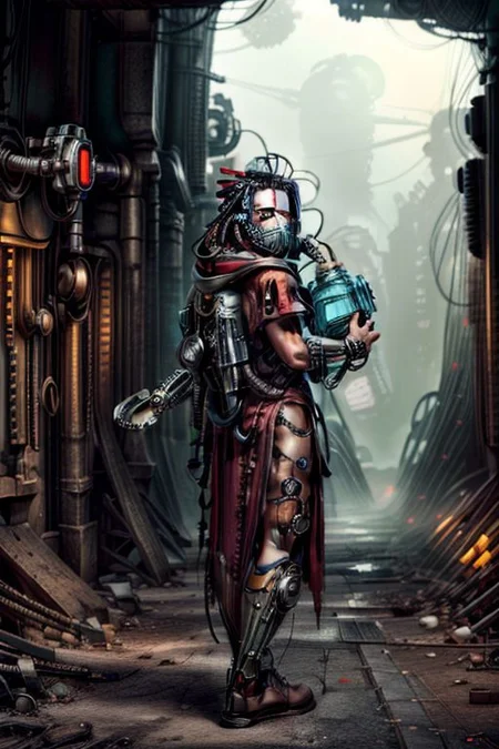 ((masterpiece,best quality)), absurdres, BREAK
mechanical arms, robes, hood, BREAK
((techpriest)), cyborg, mechanical face, mechanical limbs, gas mask, mechanical tentacles, (mechanical backpack), red cloak, BREAK
1other, solo, holding axe, weapon, axe, BREAK
(cyber_maya),