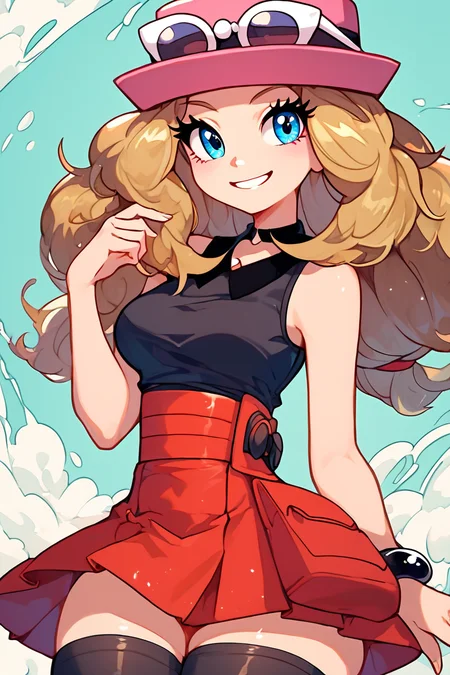 score_9, score_8_up, score_8, medium breasts, (curvy), cute, eyelashes,       BREAK, , BREAK, zzSerena, solo, long hair, blue eyes, eyewear on headwear, pink headwear, eyelashes, sleeveless shirt, black shirt, bracelet, high-waist skirt, red skirt, black thighhighs,<lora:SerenaPokemon_PDXL_r1:0.8>, <lora:Style55_PDXL:0.8>, , BREAK,  smile, looking at viewer, cowboy shot,  embedding:zPDXL, Expressiveh, <lora:SDXLFaeTastic2400:0.5>,  <lora:Expressive_H-000001:0.4>,