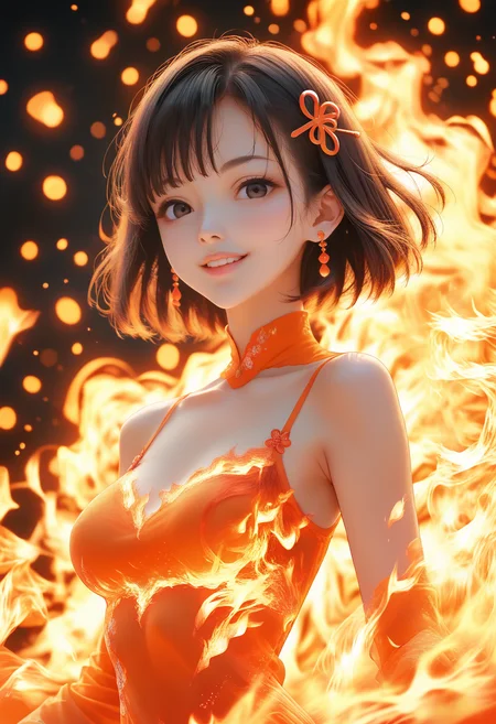 score_9, score_8_up, score_7_up,source_anime, dressof ire, dress of fire, fire dress,upper body, 1girl,,20yo, black hair, black eyes, short bob hair, hair pin,mdeium breast, slender,(white thigh strap:1.1),
front view , looking at viewer, evening dress, earings, looking at viewer, simple background, dark background, fire background, fires, burning,, action pose, long sleeve dress,smile ,orange dress, <lora:dress-of-fire-01:0.95>