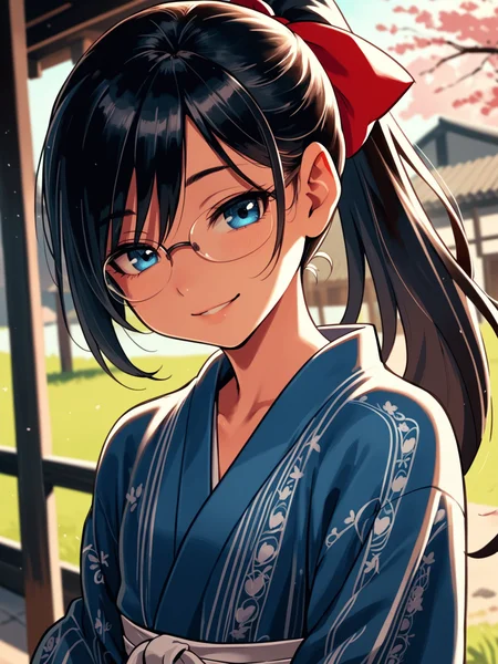 <lora:happy_tentacle-halloweengirl-v0.1-000045:0.9>, ht_halloweengirl, flat chest, black hair, blue eyes, yukata, ponytail, hair bow, glasses , outdoors, 1girl, solo, portrait , half-closed eyes , ( seductive smile :1), , looking at viewer , standing , facing viewer , score_9, score_8_up, score_7_up, score_6_up, score_5_up, score_4_up