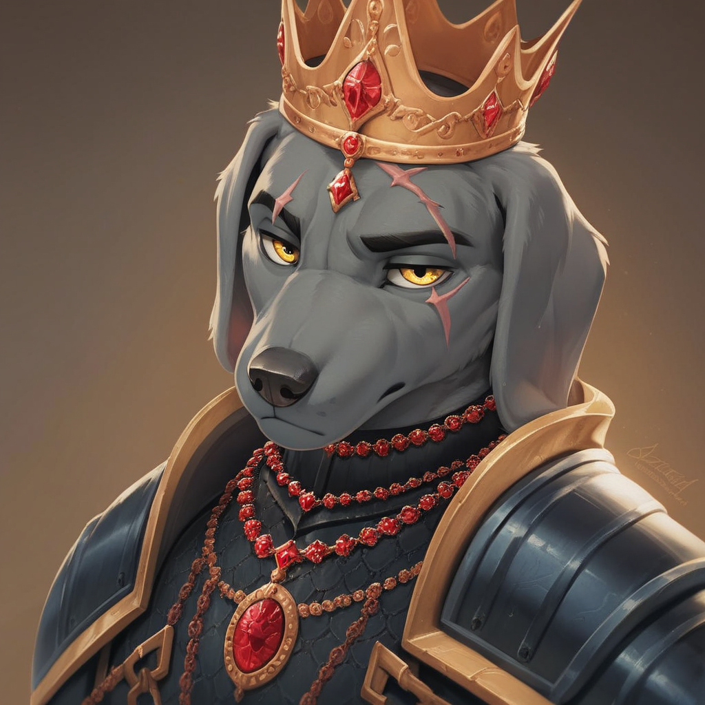 masterpiece, score_9_up, score_8_up, score_7_up, score_6_up, source_furry, (best quality:1.1), ultra-detailed, high resolution, 1character, solo, Rover Diamondshield, male, anthro, canine, (beautiful detailed yellow eyes),  half-closed eyes, looking at viewer, scar on the eye, eyebrows, gray fur, floppy dog ears, animal nose, closed mouth, serious expression, crown, heavy black armor, helm, jewelry, rings, necklace, portrait, necklace with red gems, detailed facial features, simple background, highly visible, sharp focus, anatomically correct, simple background