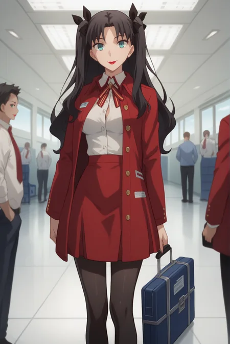 score_9, score_8_up, score_7_up, score_6_up, score_5_up, score_4_up, BREAK 1girl,
<lora:TohsakaRinXL-v1-04:0.7>, ChopioTohsakaRin, black hair, long hair, parted bangs, two side up, hair ribbon, aqua eyes, looking at viewer,
(thick thighs:0.7), medium breasts,
airport, holding suitcase, shiny marble floor, flight attendant, black pantyhose, red skirt, red jacket, white collar, red hat, tight clothes, seductive smile, red lipstick, standing, buttoned jacket,