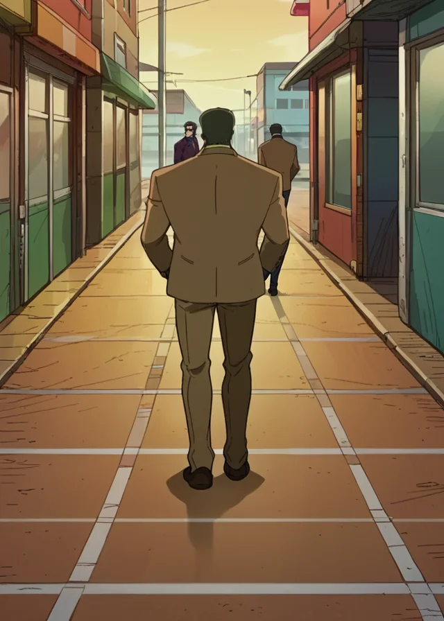 score_9,score_8_up,core_7_up, score_9,, <lora:Megalobox_ã¡ã¬ããã¯ã¹_Megarobokusu_-_YÅ_Moriyama:1>source_anime, megalobox style,a man with blazer and hands in pockets moving on a footpath with many people and skyscrapers around him