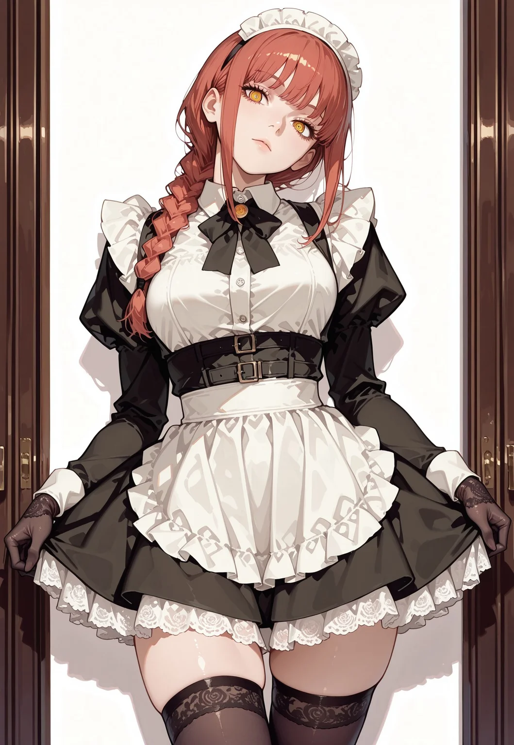 masterpiece, best quality, good quality, very aesthetic, absurdres, newest, 8K, depth of field, 
makima (chainsaw man), 1girl, solo, ringed eyes, yellow eyes, braid, braided ponytail, simple background, bangs, looking at viewer, long hair, head tilt, maid outfit, frilly dress, apron, headband, thighhighs, belted waist, elegant gloves, delicate lace, puffy skirt, 
standing,