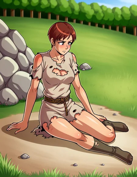 1girl,solo,,fnvlegionslave,<lora:FNVlegionslavepony:0.75>,torn clothes,socks,full body,looking glum,outdoors,in rocky wilderness,medium breasts,very short hair