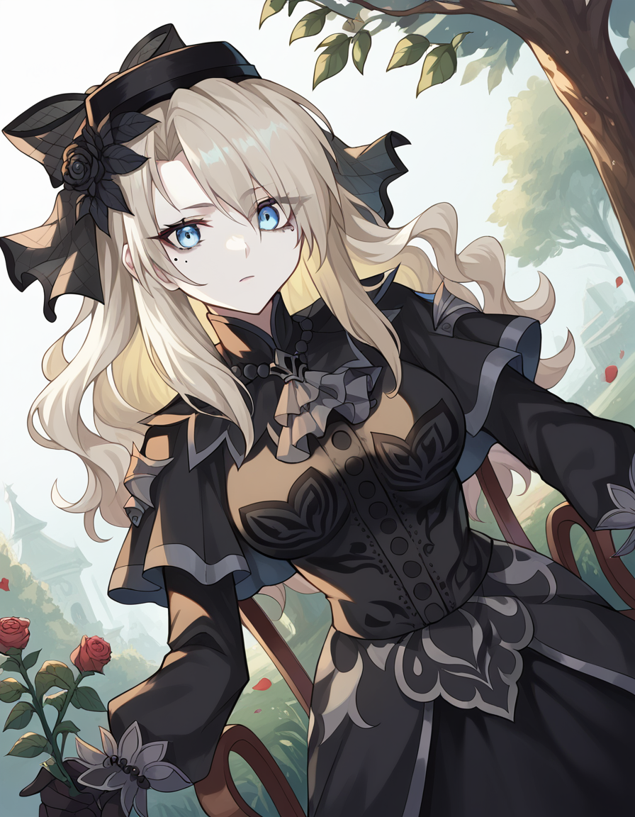 score_9, score_8_up, score_7_up, source_anime, <lora:fgo-kriemhild-ponyxl-lora-nochekaiser:1>, kriemhild, blue eyes, long hair, mole, mole under eye, pale skin, white hair, wavy hair, large breasts,, ascot, black capelet, black dress, black flower, black gloves, black headwear, black rose, capelet, dress, flower, gloves, hat, long sleeves, rose, veil,, bike ride, countryside, dirt road, trees, afternoon sun, peaceful, alone, , looking at viewer, arm resting on back of chair, solo,, cowboy shot, dutch angle