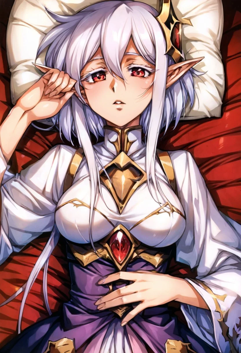 score_9, score_8_up, score_7_up, score_6_up, score_5_up, score_4_up, detailed, intricate details, source_anime, (1_girl, solo focus), zerida-dark, 1girl, solo, short hair, sidelocks, breasts, parted lips, bangs, large breasts, hair ornament, red eyes, , White Eyelashes, , hair between eyes, , White Hair, , pointy ears, elf, Eyelashes, Colored Eyelashes, White colored eyelashes, Colored Eyebrows, short hair with long locks, , tired, sleepy, bags under eyes, lying, head on pillow, alarm clock, covers, pointy ears,,, <lora:add-detail-xl:1.0> ,(((feminine bodies))),(((perfect anatomy))), (((correct arms))), (((correct hands))), detailed eyes、detailed face and detailed skin <lora:add-detail-xl:1.0>, upper body