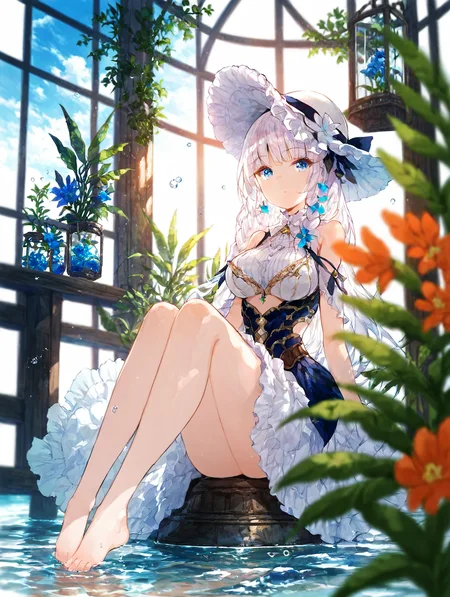 (score_9,score_8_up,score_7_up),high quality,best quality,Highly detailed,highres,1girl,sexy,1girl,sitting, hat, breasts, white hair, water, looking at viewer, dress, flower, white headwear, long hair, braid, bare shoulders, frills, plant, sky, blurry foreground, barefoot, <lora:tengyuan-XL2:0.7>,