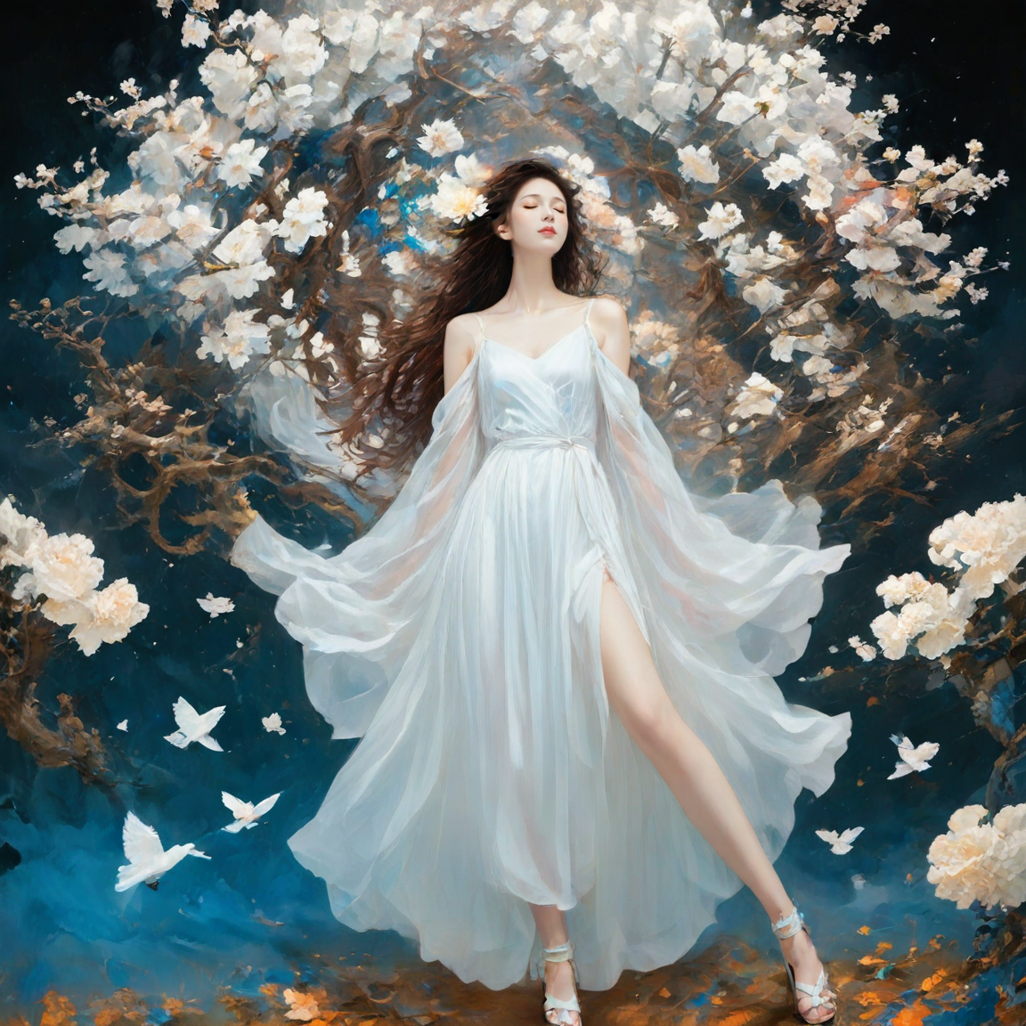 <lora:add-detail-xl:1.0>, 1girl, solo, dress, closed eyes, brown hair, flower, tree, long hair, white dress, sandals <lora:LangV2:0.85>, <lora:RuanV2:0.6>,