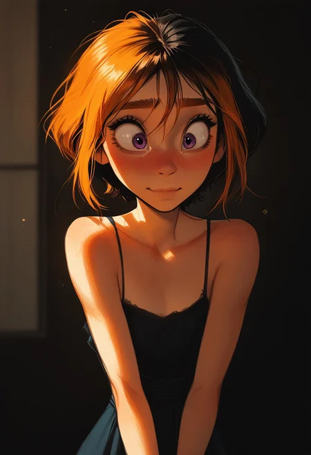 Source_anime, a woman, cute perfect face, (score_9, score_8_up, score_7_up), 1girl, solo, 18 years old, Rukia Kuchiki, black hair, dark violet eyes, showing lots of skin, innocent expression, blushing, nose blush, dimples in the cheeks, long slender legs,  narrow waist, small hips, gorgeous girl, kawai girl, blush, blush nose, blushing, glitter makeup, thigh gap, athletic body, ,long body, slender body, collarbone, blush nose, cute blush, flat chested, teardrop breasts, blushing, perky breasts, shy, smiling, detailed background,  perfect hips, hipbone,, short hair, orange hair, cute face, cute girl, looking away, (slim fit), candid,  blurry background, light particles, ethereal, rating_explicit, dynamic angle, ncpy13 style, pastels drawing, dark background,