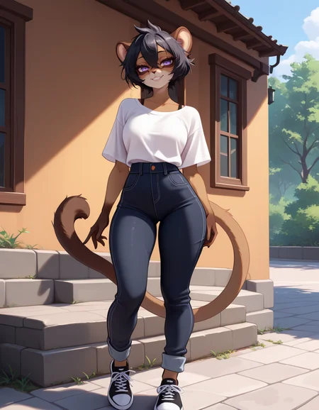 masterpiece, best quality, very aesthetic, absurdres,
outdoors, casual,
full body, posing,
seductive smile, parted lips, long eyelashes,
<lora:MewMew_v02_NAIXL:1>
MewMewM,1girl,solo,furry,furry female, short hair, black hair, hair between eye, animal ears, purple eyes, body fur, brown fur,