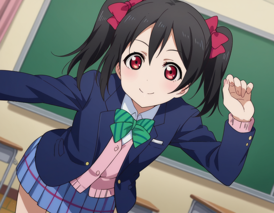 score_9, score_8_up, score_7_up, source_anime,
nikoyazawa, <lora:nico-yazawa-s1-ponyxl-lora-nochekaiser:1>,
niko yazawa, black hair, red eyes, bow, twintails, hair bow,
skirt, school uniform, jacket, blazer, winter uniform, otonokizaka school uniform,
indoors, classroom, smile, bent over,
looking at viewer, cowboy shot, dutch angle,