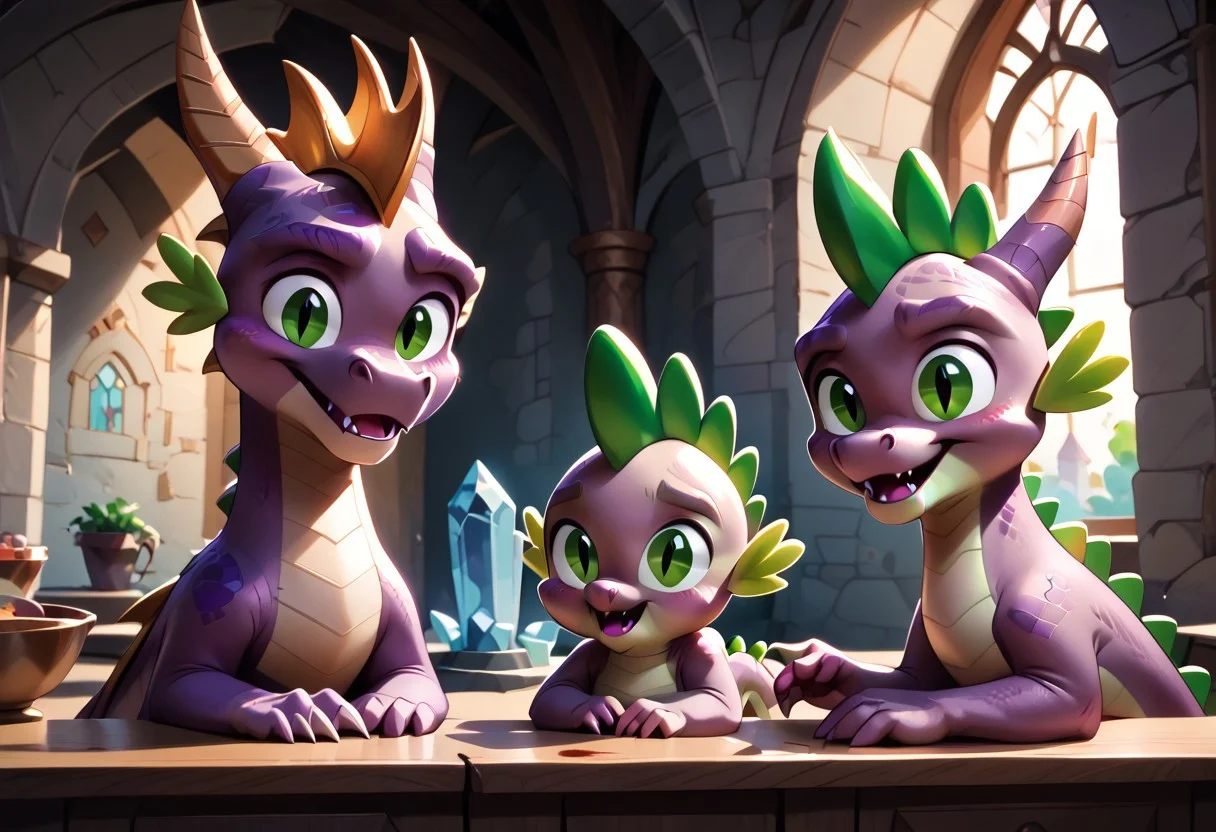 score_9, score_8_up, score_7_up, score_6_up, score_5_up, score_4_up, (2 characters, 2 dragons:2), (best quality, high quality:1), (large dragon with purple eyes and a small dragon with green eyes:0.75), purple skin, (large purple dragon with black eyes:0.7), (small purple dragon with green eyes:0.7), (Spyro the dragon and spike:0.25), <lora:Spike:0.85> by ishoka, by joelasko, by chochi, patb, g5, inside, rich colors, crystal castle, Crystal Empire, crystal heart in the center of the square, presents a painting of rabbits and pony, aroused, front view, detailed background, prepares food, detailed, 8k quality, side view, beautiful, close up, free actions, violet freckled dragon, mammal, (long torso), (dragon's tail), male, <3, tail heart, anthro, hi res, blush, ((one green eye)), large nose, dull fangs, tail gesture, warner brothers, violet scales, Spike, freckled, mammal, short, (big head), big forehead, (green spikes), man, anthropo, pink sclera, pose, warner brothers, purple body, open mouth, high quality, high definition wallpaper, 8k, complex details, Full HD, detailed lighting, paws, detailed eyes, freckled face, face view, Bent over, legs apart, looking at the viewer, maid outfit, kitchen, cute and wonderful familiar fantasy dragon witch, majestic, fantastic, mythical, magical, magic, dynamic, wonderful, peaceful,