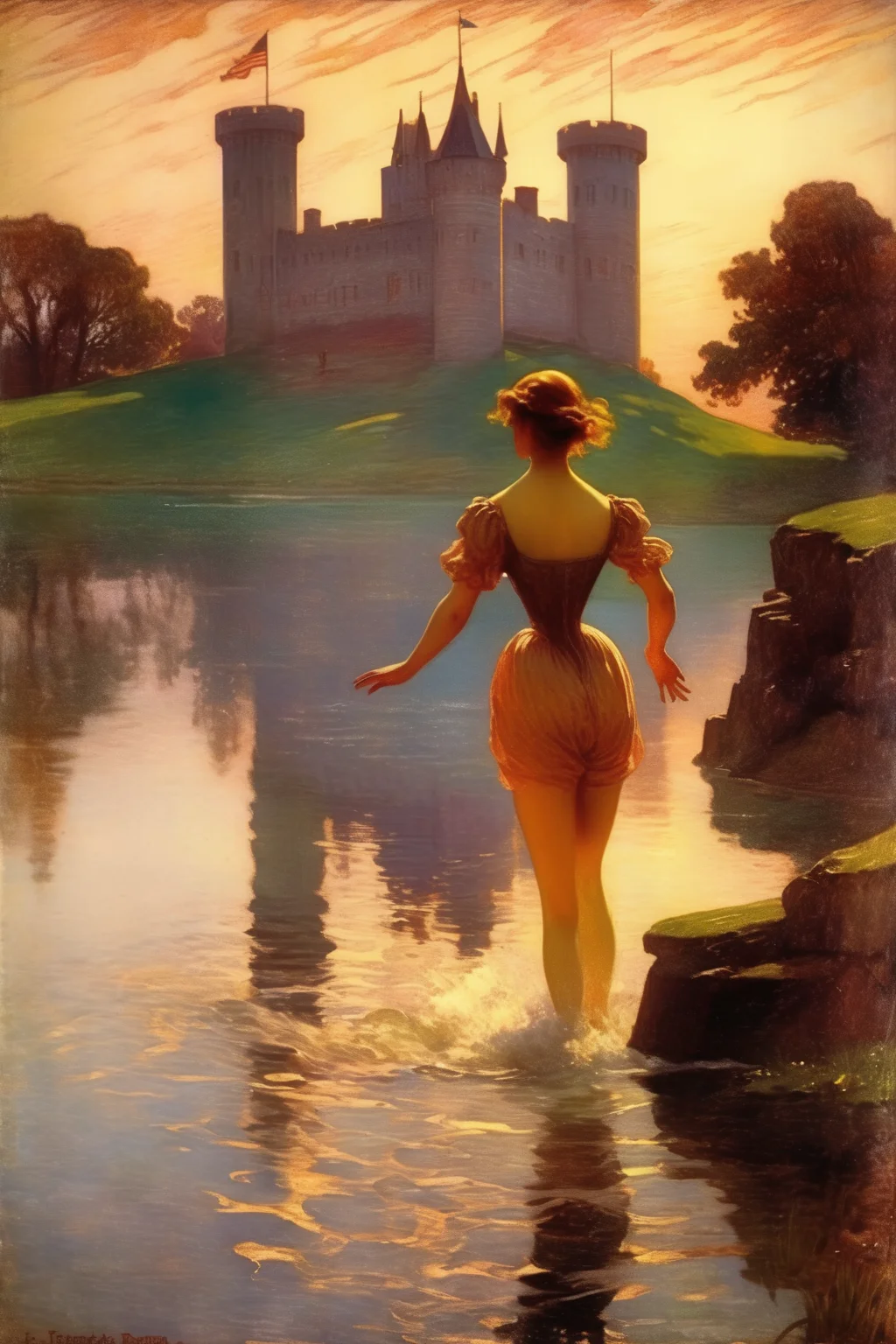 <lora:William Langson Lathrop Style:1>William Langson Lathrop Style - illustration by Frederick Richardson, young woman swimming toward castle