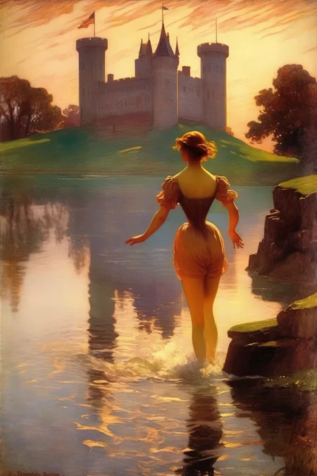 <lora:William Langson Lathrop Style:1>William Langson Lathrop Style - illustration by Frederick Richardson, young woman swimming toward castle