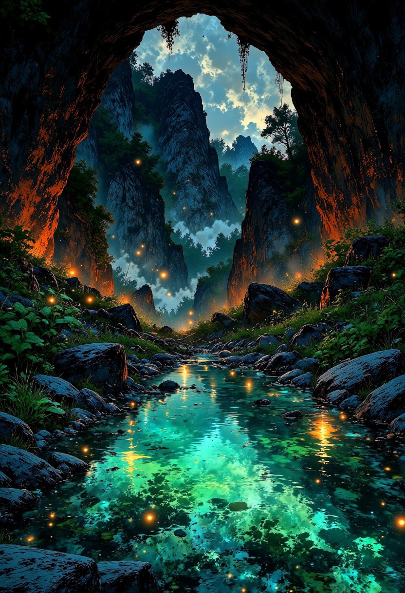 Thai Jungle Grotto – Hidden Cave & Sapphire Waters
"A secret jungle grotto in Thailand, where a narrow opening in the cliffs reveals a breathtaking turquoise pool. A gentle waterfall streams down from the rock face, its flow creating ripples across the water’s glassy surface. The surrounding limestone walls are covered in climbing ferns and hanging roots, illuminated by the soft glow of fireflies as the evening sets in."