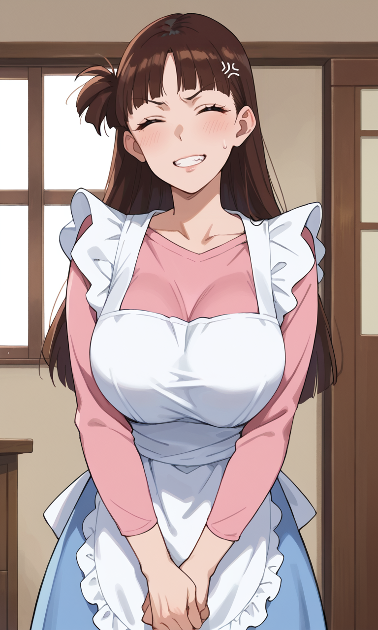 (1girl:1.5), (solo:1.3), (score_9, score_8_up, score_7_up, score_6_up, score_5_up, score_4_up), (source_anime), rating_questionable, looking at viewer, (face close-up:1.3), indoors, angry, closed eyes,  sweatdrop, clenched teeth, clenched hands, hands hands up, smile, anger vein, 
(sakurada-moeko), (black eyes, eyelashes, brown hair, long hair, parody hair, voluminous bangs, fluffy bangs, mature female), (white frilled apron, full cover apron, pink shirt, long sleeves, light blue skirt), (huge breasts, wide hips, thick thighs), <lora:sakurada-moeko_v1:0.7>,