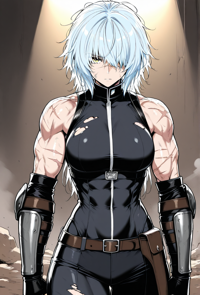 (masterpiece, best quality, ultra-detailed:1.4),
solo,1girl, (light blue hair:1.3), short messy hair, bangs,
(yellow eyes:1.5), (battle-worn expression:1.3), (scar over one eye:1.5), (intimidating aura:1.3),
(hair covering one eye:1.5), (bangs covering left eye:1.4), (left eye obscured by hair:1.4), (hair over eye:1.3),
(battle-hardened:1.4), (war veteran:1.3), (many scars:1.3), (visible wounds:1.2), (weathered face:1.2), (dirt and grime:1.2),
(toned arms:0.6), (muscle tension visible:0.3), (slim but athletic build:1.1), (strong female warrior:1.1), mercenary warrior
(dynamic lighting:1.3), (gritty, rough textures:1.2), black color topper
looking at viewer, (hair slightly messy:1.2), (torn and worn-out fighter outfit:1.2),
 <lora:VioletV2:1>
