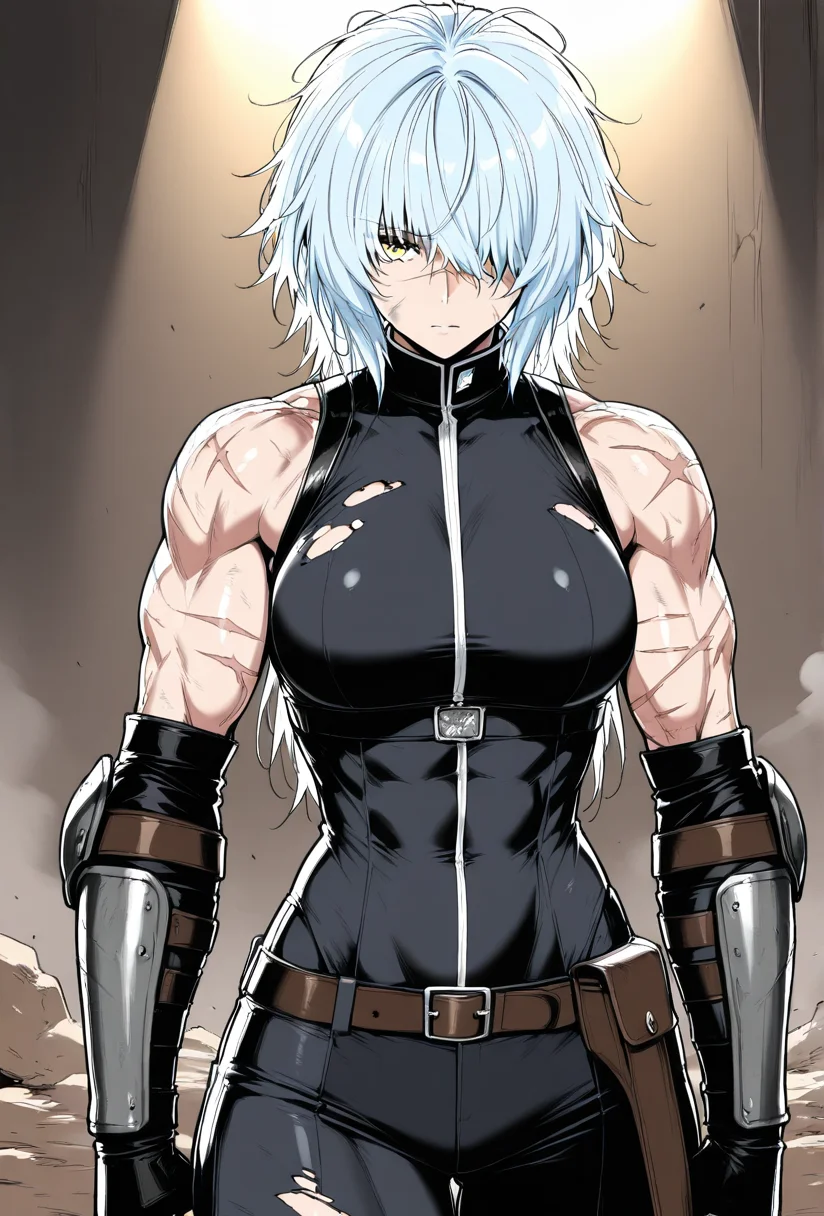 (masterpiece, best quality, ultra-detailed:1.4),
solo,1girl, (light blue hair:1.3), short messy hair, bangs,
(yellow eyes:1.5), (battle-worn expression:1.3), (scar over one eye:1.5), (intimidating aura:1.3),
(hair covering one eye:1.5), (bangs covering left eye:1.4), (left eye obscured by hair:1.4), (hair over eye:1.3),
(battle-hardened:1.4), (war veteran:1.3), (many scars:1.3), (visible wounds:1.2), (weathered face:1.2), (dirt and grime:1.2),
(toned arms:0.6), (muscle tension visible:0.3), (slim but athletic build:1.1), (strong female warrior:1.1), mercenary warrior
(dynamic lighting:1.3), (gritty, rough textures:1.2), black color topper
looking at viewer, (hair slightly messy:1.2), (torn and worn-out fighter outfit:1.2),
 <lora:VioletV2:1>