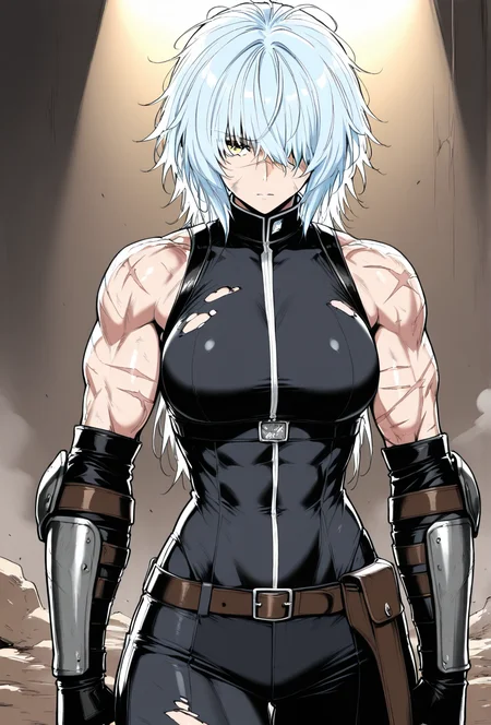 (masterpiece, best quality, ultra-detailed:1.4),
solo,1girl, (light blue hair:1.3), short messy hair, bangs,
(yellow eyes:1.5), (battle-worn expression:1.3), (scar over one eye:1.5), (intimidating aura:1.3),
(hair covering one eye:1.5), (bangs covering left eye:1.4), (left eye obscured by hair:1.4), (hair over eye:1.3),
(battle-hardened:1.4), (war veteran:1.3), (many scars:1.3), (visible wounds:1.2), (weathered face:1.2), (dirt and grime:1.2),
(toned arms:0.6), (muscle tension visible:0.3), (slim but athletic build:1.1), (strong female warrior:1.1), mercenary warrior
(dynamic lighting:1.3), (gritty, rough textures:1.2), black color topper
looking at viewer, (hair slightly messy:1.2), (torn and worn-out fighter outfit:1.2),
<lora:VioletV2:1>