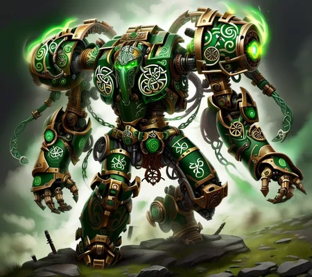 <lora:CulturePunkAI_2:.9>CeltPunkAI battle mech Highly detailed, amazing, Impressive lighting, vibrant colors, Ultra Realistic, High quality, Highly detailed, trending on artstation