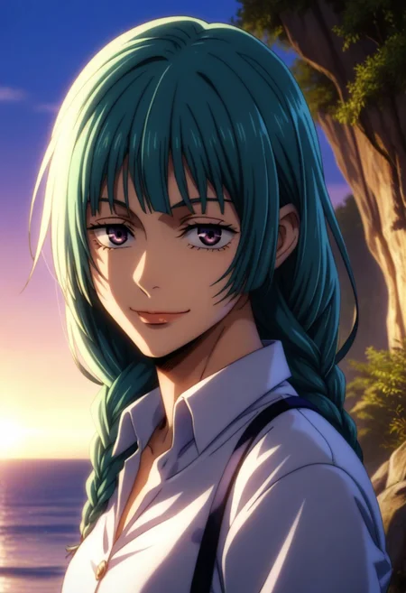 score_9, score_8_up, score_7_up, source_anime, intricate details, anime screencap, perfect balance, official art, extremely detailed CG unity 8k wallpaper, perfect lighting, Colorful, Warm_Front_face_Lighting, (masterpiece:1.0),(best_quality:1.0), ultra high res,4K,ultra-detailed, photography, 8K, HDR, highres, absurdres:1.2, Kodak portra 400, blurry background, bokeh, lens flare, (Anime) (vibrant_color:1.2), professional photograph, night, (good_face:1.2), 2d, anime, upper body, intricate iris, American, 1960s, 1970s, Professional character design, 1girl, female focus, (vibrant amethyst purple eyes), perfect eyes, (cyan hair), (Long Silky smooth hair), (pretty hair), (beautiful hair), (curtain bangs), braided hair, preppy, white dress shirt, youthful, feminine, solo, jujutsu_kaisen_style, character portrait, (perfect-lighting, lens flare), face, torso, (Kind) (Friendly) (Happy) (Sweet smile), feminine, young, (Wealthy, manor, extravagant, ornate embellishments, coastal, shore, cliff), warm sunlight, awn, (orange sunlight), (warm lighting), comfortable lighting.