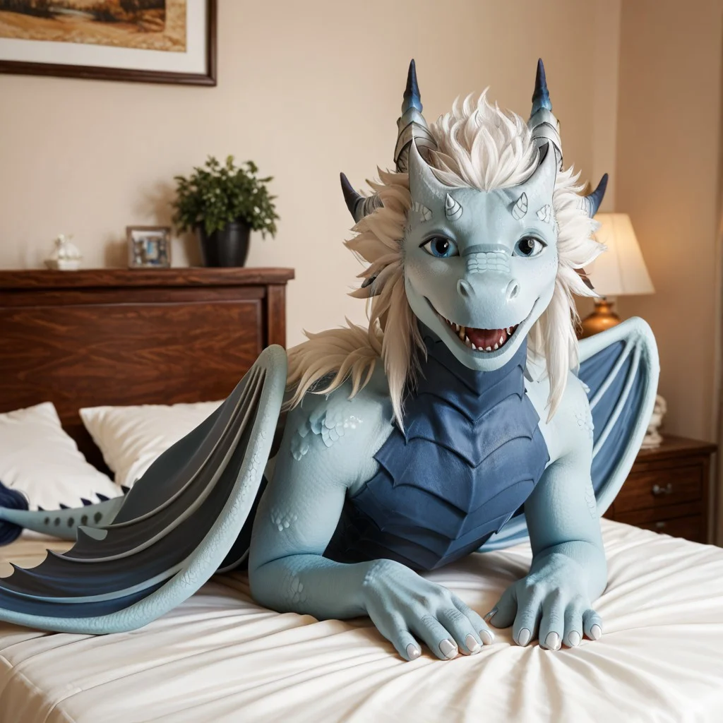 score_9, score_8_up, score_7_up, score_6_up, score_5_up, score_4_up, high quality, realistic, detailed, best quality, white bed, (solo:1.2), rating_safe, source_furry, bedroom, smiling, open mouth smile, looking at viewer, (lying on belly), anthro, detailed eyes, detailed face, azymondias_tdp, dragon, light blue scales, white hair, blue wings, horns, tail, hands, fingers, male, 1boy, blue eyes, good_hands