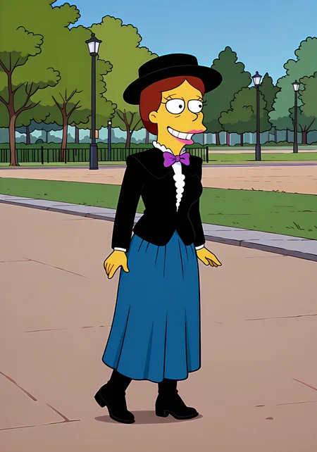 absurdres, 8k, high resolution, masterpiece, best quality, absolutely fantastic art, amazing quality, very aesthetic,1girl,solo,<lora:sharybobbins:.8>, sharybobbins, yellow skin, colored skin, pink lips, hat,black jacket,blue skirt, long skirt, boots, bowtie, outdoors, park, style parody, model accurate, the simpsons style, mouth open, happy, teeth