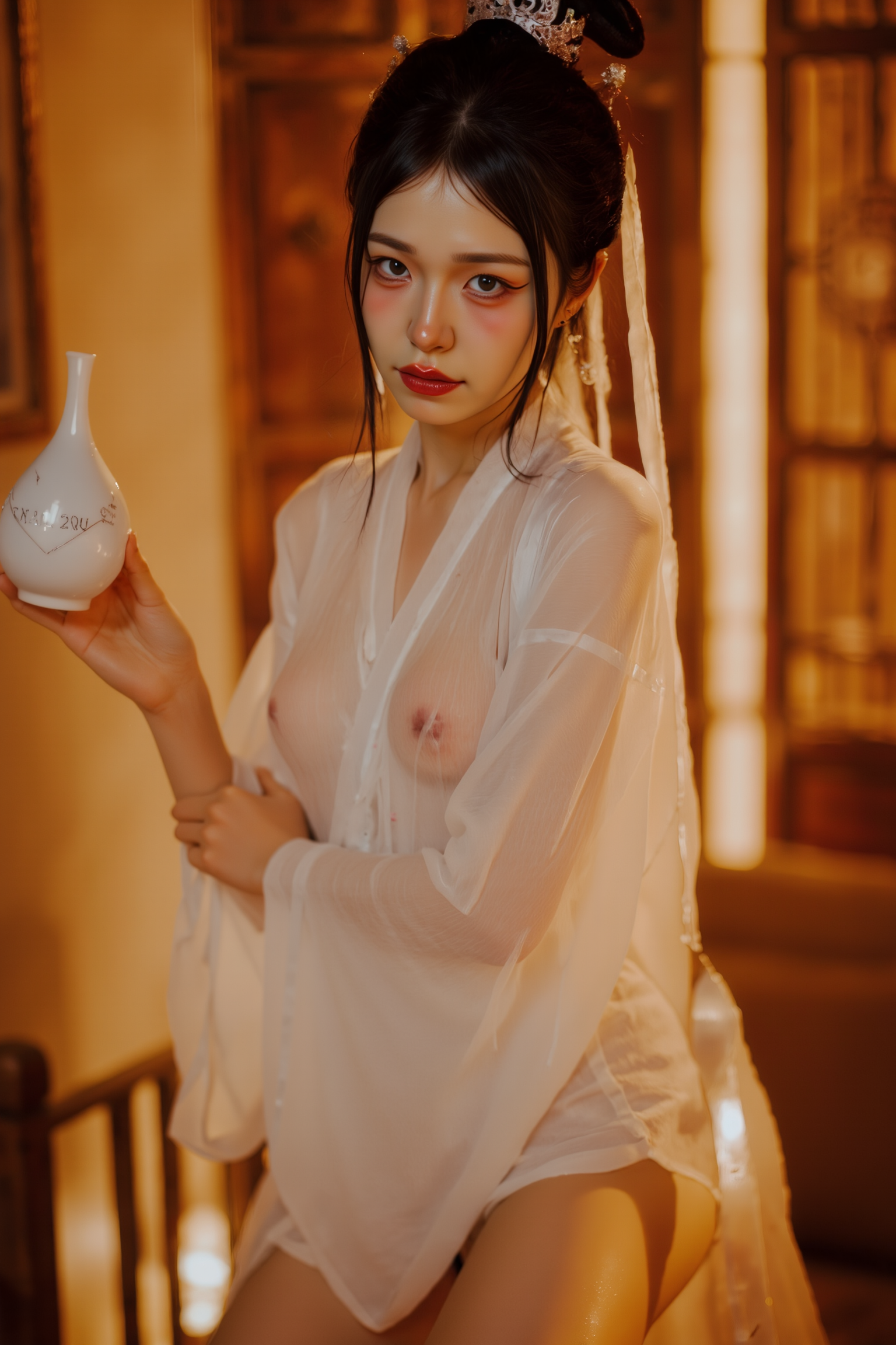 High-resolution photograph of a young woman standing confidently, arms loosely crossed in front of her torso. Her weight subtly shifts to one leg, creating a natural contrapposto stance. Her gaze is directly toward the camera, radiating warmth and self-assuredness. Subtle lighting accentuates her relaxed elegance.

She is wearing a white SGWN58Clothing. Her makeup is dramatic, with dark eyeliner and bold, glossy pink lips. 

The lighting features a high-contrast, monochromatic white color scheme that creates a moody, intimate atmosphere. 

The photography technique uses what appears to be soft lighting to create a glamorous effect, with careful attention to highlighting contours while maintaining the dominant light brown color scheme throughout the frame.

The overall aesthetic combines elements of fashion photography, traditional Asian visual motifs, and contemporary boudoir styling. The dramatic light brown lighting creates a cohesive visual theme that ties all elements of the composition together.

The white light emit on her to show her feature.