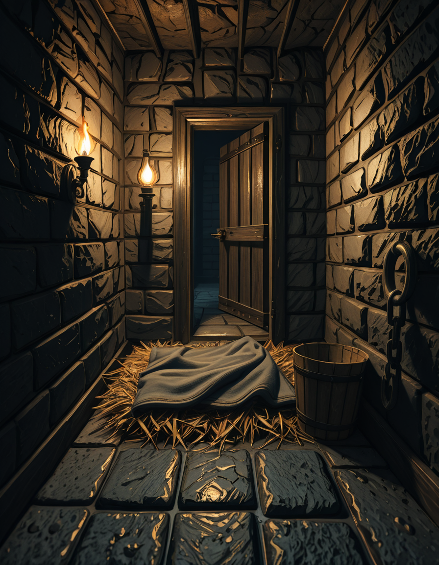 A hyper-realistic photo of a dark medieval dungeon cell inspired by Skyrim, with cold, damp stone walls covered in patches of moss and cracks. The floor is made of uneven cobblestones, partially wet with small puddles reflecting dim torchlight. An old, rusted iron-barred door is slightly ajar, casting long shadows on the ground. In the corner, a pile of straw serves as a makeshift bed, with a thin, tattered blanket thrown over it. Chains and shackles hang from the walls, showing signs of centuries of use. A small wooden bucket sits beside the bed, used as a primitive toilet. The atmosphere is heavy and oppressive, filled with a faint mist in the air. The only source of light comes from a single flickering torch mounted on the wall outside the cell, creating dramatic, warm orange glows contrasting with deep, cold shadows. The photo is taken from a slightly low angle, as if from the perspective of someone crouched on the floor inside the cell, adding a sense of claustrophobia and confinement. Ultra-realistic textures, high detail, cinematic lighting, 4K quality.
<lora:SDXLFaeTastic2400:0.4> <lora:extremely_detailed:0.4> extremely detailed,,dungeon c3ll <lora:dungeon_c3ll-i:1>, Masterpiece,best quality,hi res,8k,hi res,8k,award winning,(sharp focus, intricate, highly detailed),