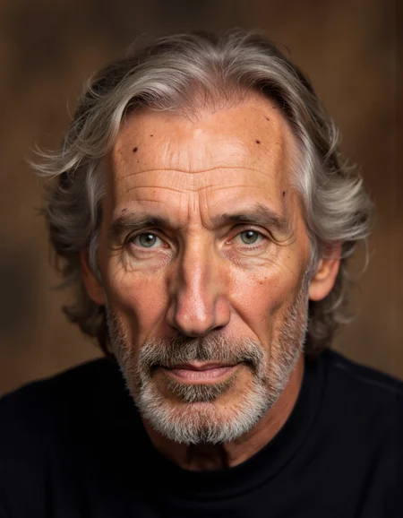 <lora:rogerwaters:1>The image is a high-resolution photograph of an older man with a distinguished appearance. He has long, wavy, silver-white hair that frames his face and falls slightly over his forehead. His skin is weathered, with a noticeable network of wrinkles and age spots, particularly around his eyes and forehead. His facial features are prominent, with a strong jawline and a slightly pointed chin. He has a full, white beard and mustache, which adds to his rugged and weathered appearance. His eyes are light blue, and he has a gentle, contemplative expression on his face.
He is wearing a plain, dark-colored shirt, which contrasts with his light-colored hair and skin, making him the focal point of the image. The background is blurred, with soft, neutral tones, likely brown or beige, which keeps the viewer's attention on the man's face and upper torso. The lighting is soft and even, highlighting the texture and depth of his skin and hair, and creating a warm and inviting atmosphere. The overall tone of the photograph is somber and contemplative, capturing a moment of quiet introspection.