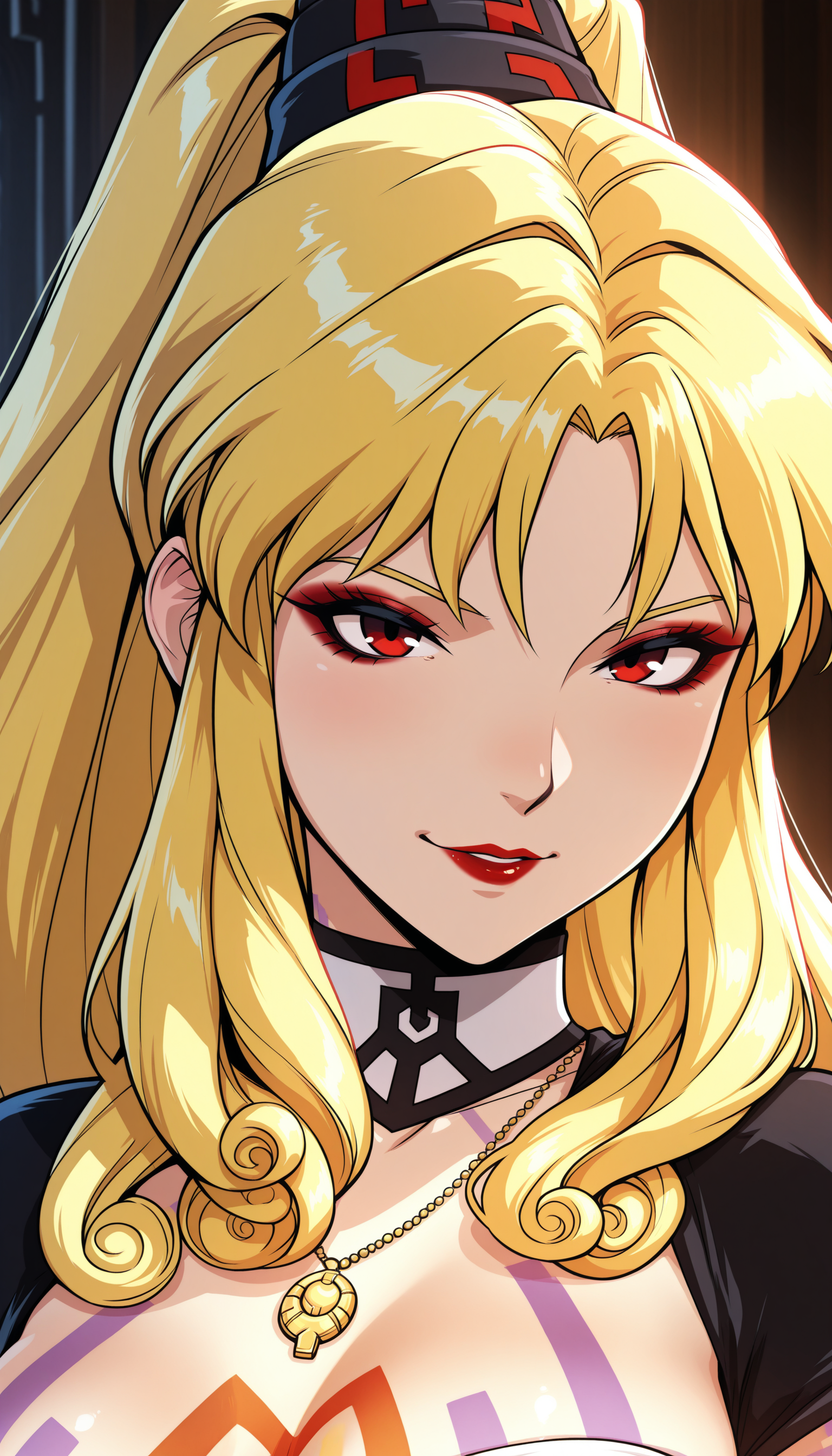masterpiece,best quality,amazing quality, 1girl, lunar_sssc_xenobia, makeup, tattoo, jewelry, cape, ponytail, portrait,
