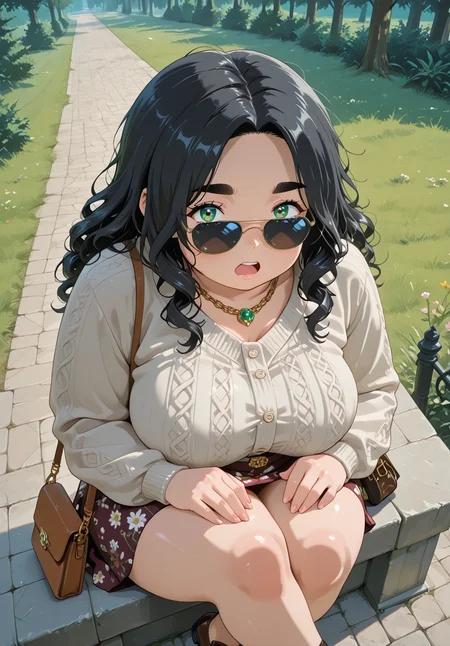 IllusP0s, PonyScores7, source_anime, ah1, IllustriousQual, interesting, exciting, spectacular, wonderful, amazing quality, absolutely eye-catching, very awa,
BREAK <lora:xl_more_art-full_v1:0.2>, <lora:aesthetic_anime_v1s:0.2>, <lora:detailxl:0.2>, detailxl, amazing quality, best aesthetic, absurdres, illustration, Volumetric_Lighting, ultra-detailed, very aesthetic, intricate details, best_quality, lazympos, <lora:Add_Details_v1.2:0.4>, <lora:quality_modifiers_masterpieces_v1:0.2>, anime style, <lora:HDA_Detailer:0.3>, <lora:natsumi_style:0.2>, <lora:by_usakun-pony:0.2>, by usakun, <lora:Akina_Bbw_Style_-_PonyXL:0.2>, AkinBw,
BREAK (((sitting with back straight and legs crossed, hands resting on the knees, looking peacefully ahead))), dynamic pose,
BREAK 1girl, mature female, (curvy), round-chin, caucasian, <lora:ETO_OC_Illustrius:0.5>, eto_oc, skindentation, (plump), thick thighs, wide hips, busty, voluptuous, round ass, gigantic breasts, <lora:plussizegirls_IL:0.3>, <lora:plussizegirls_pony:0.3>, <lora:shinyskin2:0.2>, glistening skin, HDA_FatGirlXL, <lora:perfection style:0.2>, perfection style, perfection,
BREAK ((Floral midi skirt, Cropped cardigan, Oxford shoes, Structured handbag, Layered chain necklaces, Retro sunglasses)),
BREAK (curly hair), long hair, (black hair:1.4), (parted hair:1.7), messy hair, kinky curls, detailed hair, <lora:hairdetailpxl:0.2>, hairdetailpxl,
BREAK (half green and brown eyes), (colorful eyes), (multicolored eyes), (downturned eyes:1.4), expressive eyes, perfect eyes, eyes hd, detailed eyes, (round face:1.2), (thick eyebrows:1.3), (plump face), lips, <lora:Round_face:0.2>, iris lines, <lora:Detailed eyes-Illustrious:0.3>, iris and pupil, soft shimmer on the iris,
BREAK (((expression mouth open hungry expression))), Expressive, emotional, looking at viewer, Face Detailed, <lora:Expressive_H:0.2>, Expressiveh, <lora:Emotional_Anime_Expressions_PonyXL_Concept:0.2>, <lora:Best_Facial_Expression_LoRA_PONY:0.2>, looking at viewer, <lora:Detailed expressive EXEV style -XL Pony V1.0:0.2>, FaceDetail, <lora:Best_Facial_Expression_Helper_XTREME_ILLU:0.4>, kaogei,
BREAK (((a magnificent basilica, adorned with marble columns, intricate carvings, a central nave for gatherings and commerce))), (((Overhead Shot))), 4k, 8k, Ultra HD, Masterpiece, Best quality, Detailed background, foreshortening, extreme perspective, full_details, <lora:AddMicroDetails_Illustrious_v4:0.3>, addmicrodetails,