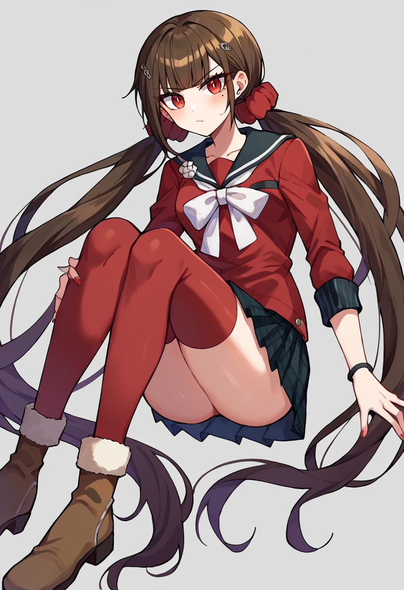 score_9, score_8_up, score_7_up, BREAK  Harumaki, 1girl, low twintails, red eyes, brown hair, mole under eye, hairclip, red shirt, brooch, pleated skirt, white bow, red thighhighs, red scrunchie,  boots,  <lora:MakiV2F-000008:1>