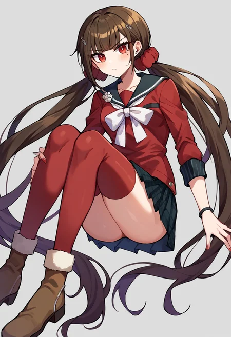 score_9, score_8_up, score_7_up, BREAK  Harumaki, 1girl, low twintails, red eyes, brown hair, mole under eye, hairclip, red shirt, brooch, pleated skirt, white bow, red thighhighs, red scrunchie,  boots,  <lora:MakiV2F-000008:1>