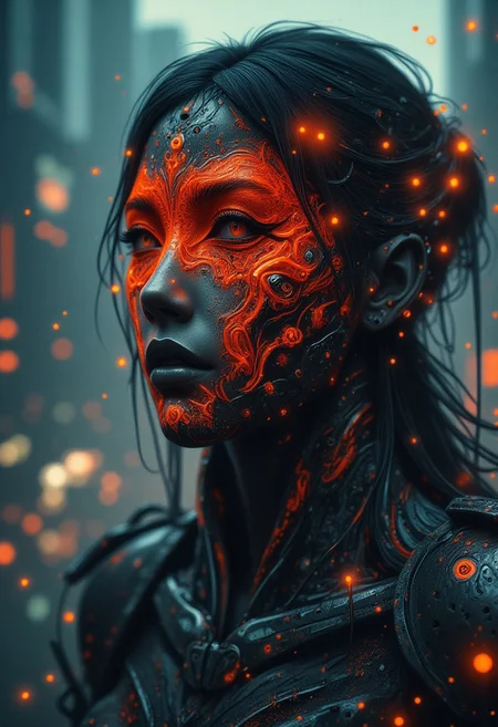 Motion lines, Action Scene, floating particles, Atmospheric haze, foggy atmosphere, high quality movie shot of a woman wearing an glowing cyberpunk armor, Highly detailed close-up action scene of a knightess in intricately patterned armor. Long billowing hair, The focus is on the knightess ethereal eerie laughing vibrant translucent princess mask, showcasing intricate designed lines that are emitting light streams, a pale blur of light that trails with the swift motion, capturing the dynamic speed of the fighter. The scene is set in a misty, fog-filled night with a desaturated color palette. The background is hazy Metropolis, while motion streaks and dynamic lighting enhance the sense of speed and intensity, with the knight’s glow piercing through the mist, impressive powerful stance, very detailed, moody DARK dystopian villain themed analog photo,
lot of black colors, gray colors, red colors, very little of blue colors, little of brown colors, very little of cyan colors, little of pink colors, very little of orange colors
