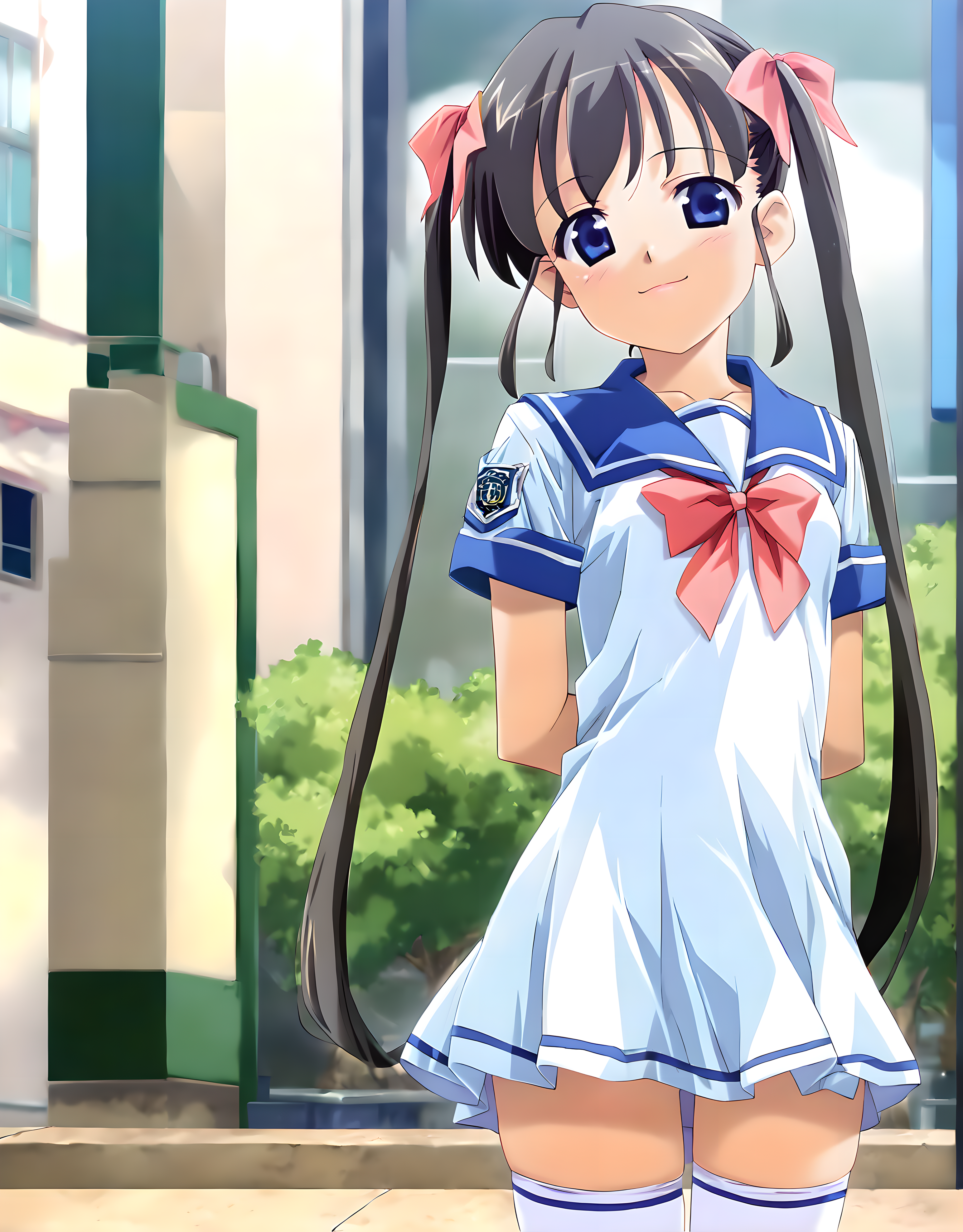 <lora:pony_xl_hikari:0.9>,hikari,1girl,solo,score_9,score_8_up,score_7_up,source_anime,best quality,masterpiece,super fine illustration,black hair,school uniform,white dress,pleated skirt,white_thighhighs,happy,smile,;d,looking_at_viewer,cowboy_shot,city,park,standing,arms_behind_back,