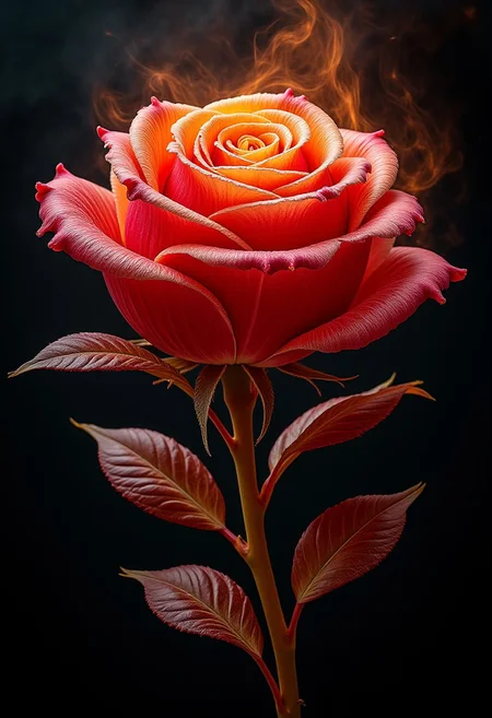 a dvr-onion-flux rose that was an onion that isn't an onion on fire with leaves around it that are gritty and fine, surreal and twirling it fractals in on itself outside itself in the darkness in chaos...EXPLODE!