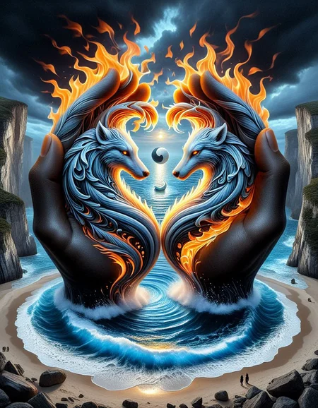 surrealist art hyperrealistic art concept art Create a surreal, highly detailed Extravagant elements of yin fire and yang breeze! Embark on a fantastic journey through the fundamental forces of nature. May they be inspired by the gentle breeze, the raging flames, the water flowing over the yin and yang on the solid earth,, fantasy and realism ,dark background<lora:luxart:1>        <lora:DANGUBA:1> . digital artwork, illustrative, painterly, matte painting, highly detailed . extremely high-resolution details, photographic, realism pushed to extreme, fine texture, incredibly lifelike . dreamlike, mysterious, provocative, symbolic, intricate, detailed